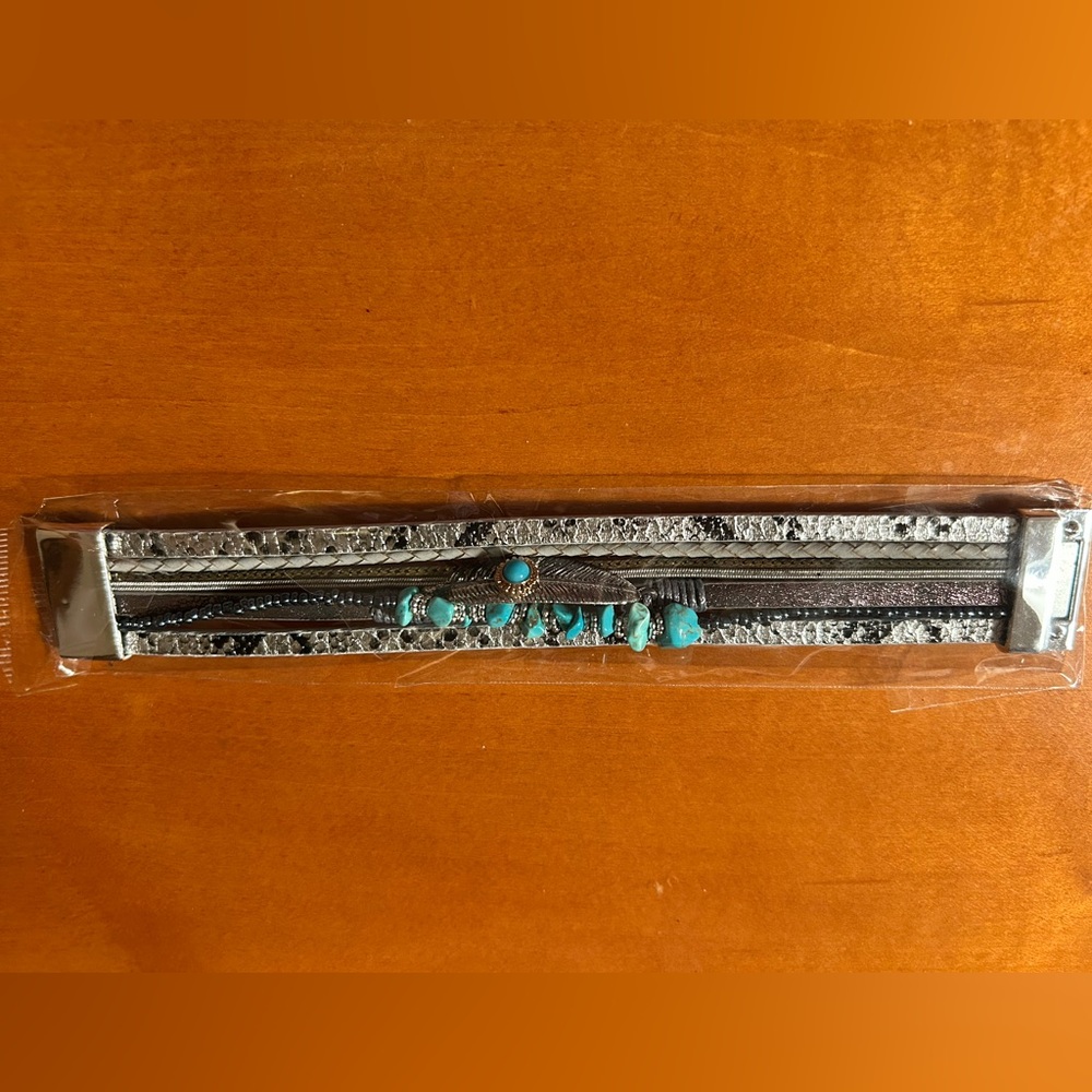 Boho Multi-strand Black and Silver Bracelet with Turquoise Accent